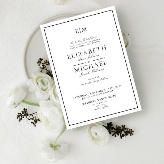 Elegante witte zwarte klassieke monogram bruiloft kaart