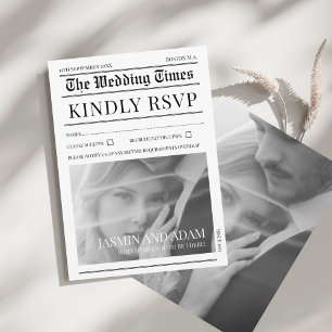 Elegante Witte Zwarte Krant Huwelijks RSVP Informatiekaartje