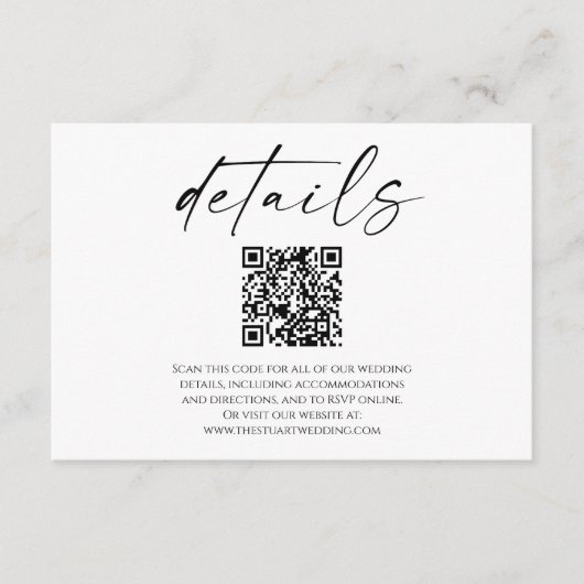 Elegante witte zwarte QR-code trouwdetails Informatiekaartje (Voorkant)