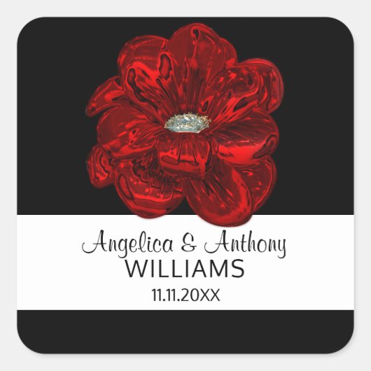Elegante witte, zwarte, rode roos bloem bruiloft z vierkante sticker (Voorkant)