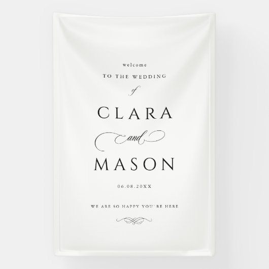 Elegante witte zwarte script bruiloft welkom spandoek (Verticaal)