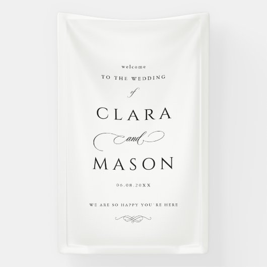 Elegante witte zwarte script bruiloft welkom spandoek (Verticaal)
