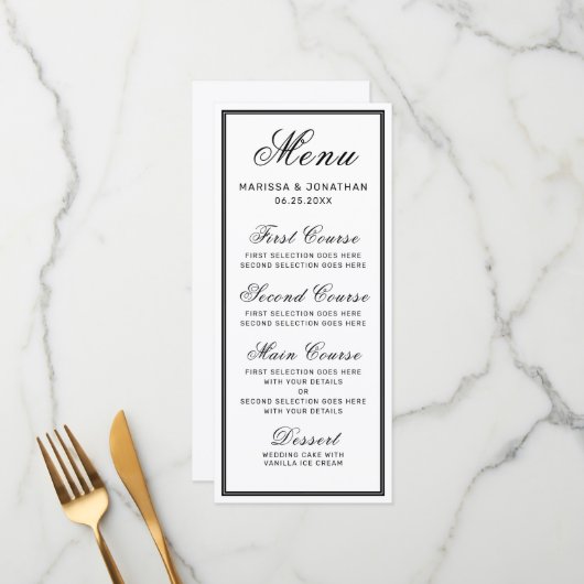 Elegante witte zwarte script chique bruiloft menu (Voorkant / Achterkant in situ)