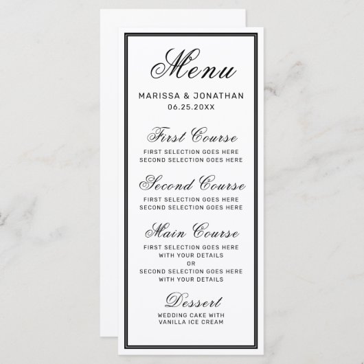 Elegante witte zwarte script chique bruiloft menu (Voorkant / Achterkant)