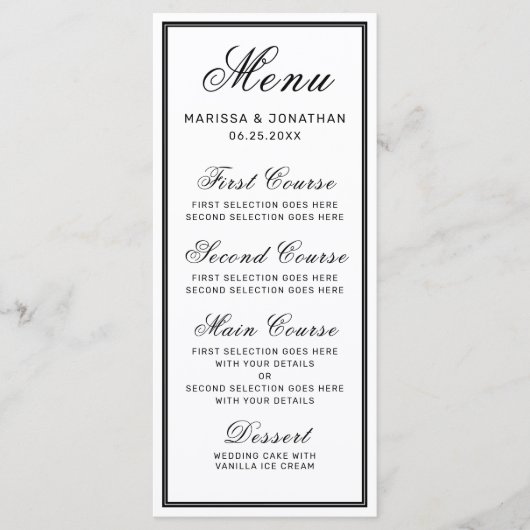Elegante witte zwarte script chique bruiloft menu (Voorkant)