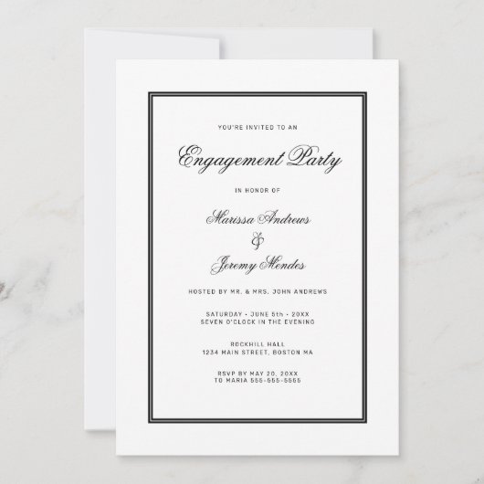 Elegante witte zwarte script verlovingsfeest kaart (Voorkant)