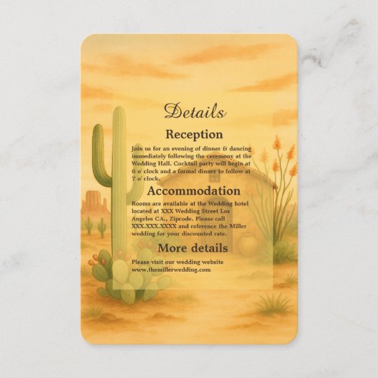 Elegante Woestijn Zuidwesten bruiloft Golden Sunse Informatiekaartje (Voorkant)