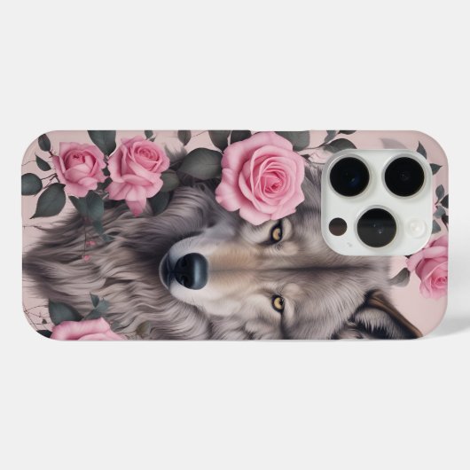 Elegante Wolf en Roos iPhone 15 Pro Hoesje (Achterkant (horizontaal))
