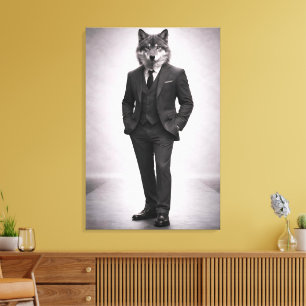 Elegante Wolf in Klassiek Pak Portret Canvas Afdruk