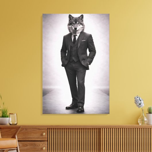 Elegante Wolf in Klassiek Pak Portret Canvas Afdruk (Insitu (Woonkamer))