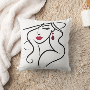 Elegante Woman Line Art met rode lippen en oorbel Kussen