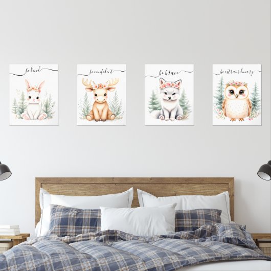 Elegante Woodland Animal Waterverf Girly Nursery Muurkunst Sets (Slaapkamer)