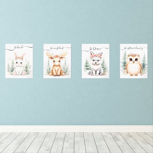 Elegante Woodland Animal Waterverf Girly Nursery Muurkunst Sets (Houten vloer)