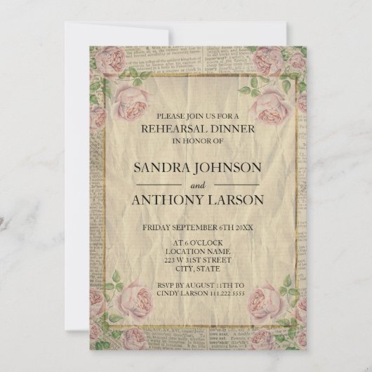 Elegante woordenboekdruk en Rozen repetitie Kaart (Voorkant)