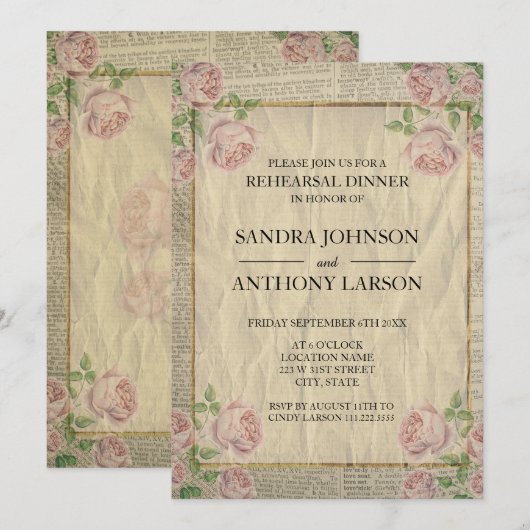 Elegante woordenboekdruk en Rozen repetitie Kaart (Voorkant / Achterkant)