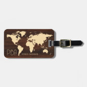 Elegante World Traveller Kaart Hout Monogrammed Na Bagagelabel (Voorkant horizontaal)