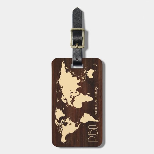Elegante World Traveller Kaart Hout Monogrammed Na Bagagelabel (Voorkant verticaal)