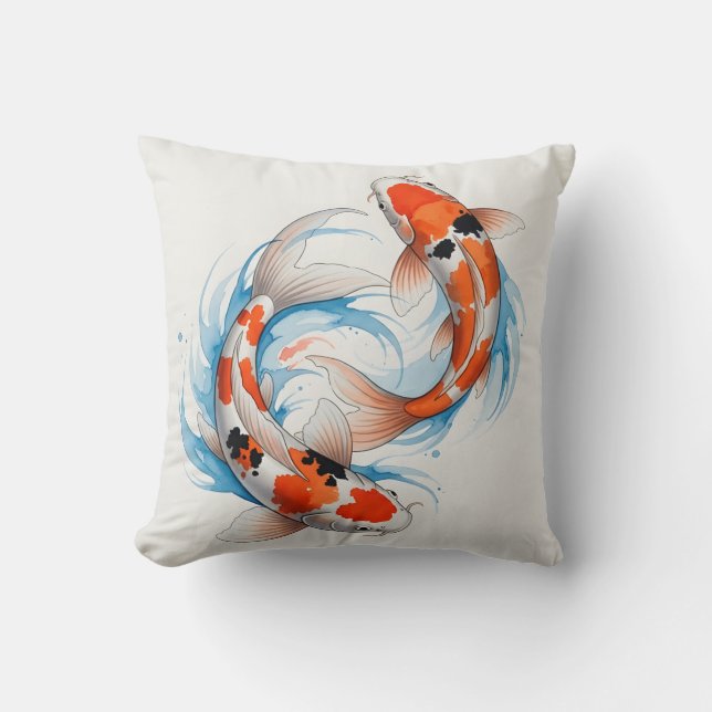 Elegante Yin Yang Koi Vis Waterverf Kussen (Voorkant)