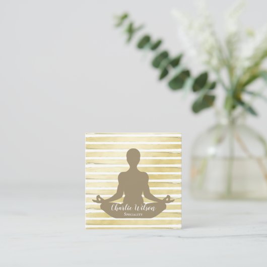 Elegante yoga witte sepia bruin gouden verf gestre vierkante visitekaartje (Staand voorkant)