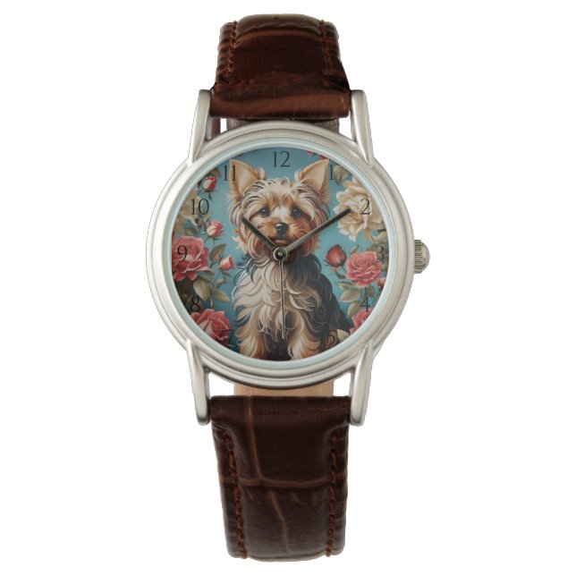 Elegante Yorkshire Terrier Portrait Roos Tuin Horloge (Voorkant)