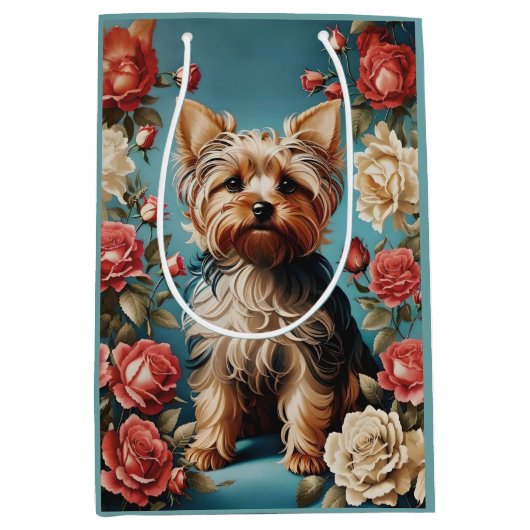 Elegante Yorkshire Terrier Portrait Roos Tuin Medium Cadeauzakje (Voorkant)