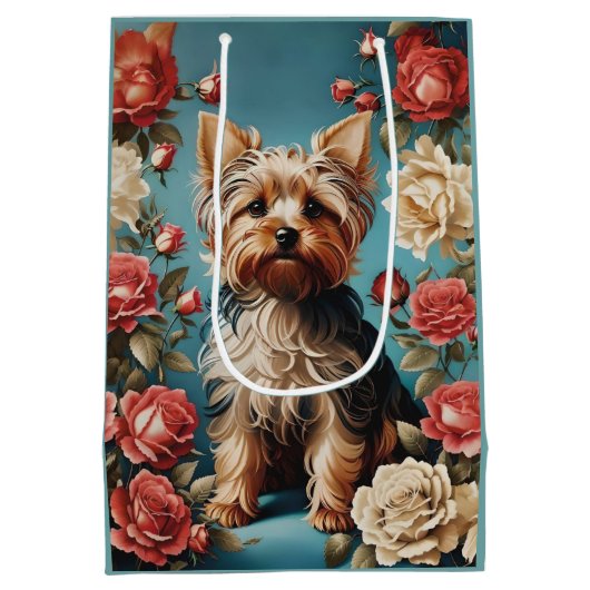 Elegante Yorkshire Terrier Portrait Roos Tuin Medium Cadeauzakje (Achterkant)