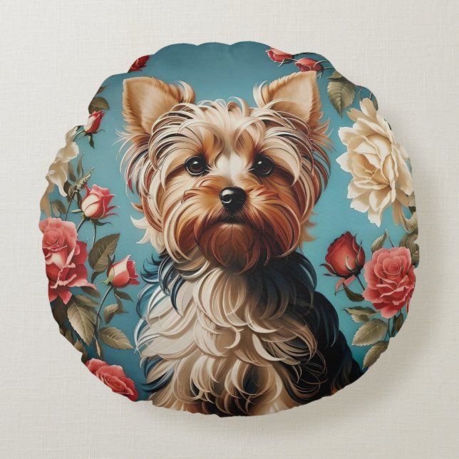 Elegante Yorkshire Terrier Portrait Roos Tuin Rond Kussen (Voorkant)