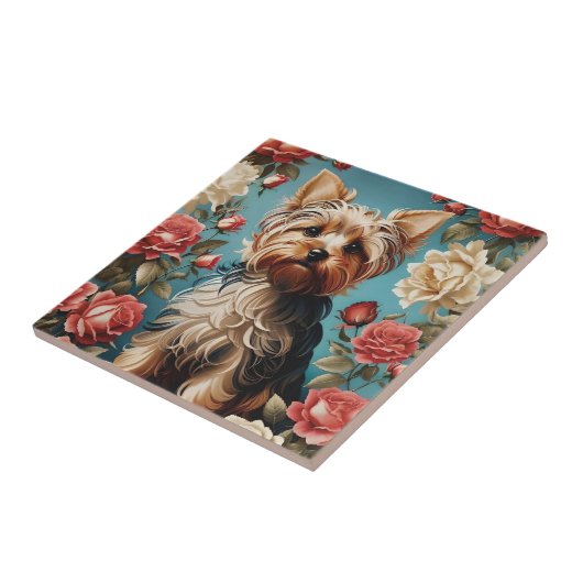 Elegante Yorkshire Terrier Portrait Roos Tuin Tegeltje (Zijkant)