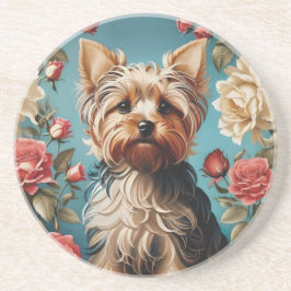 Elegante Yorkshire Terrier Portrait Roos Tuin Zandsteen Onderzetter