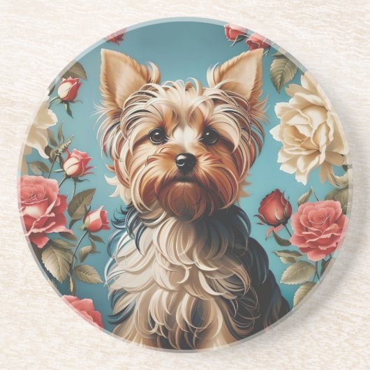 Elegante Yorkshire Terrier Portrait Roos Tuin Zandsteen Onderzetter (Voorkant)