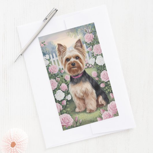 Elegante Yorkshire Terrier Rozentuin Schilderij Rechthoekige Sticker