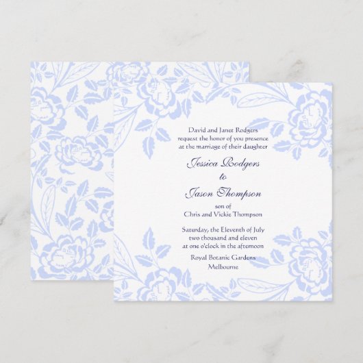Elegante Zacht Blauw Roos Huwelijksuitnodiging Kaart (Voorkant / Achterkant)