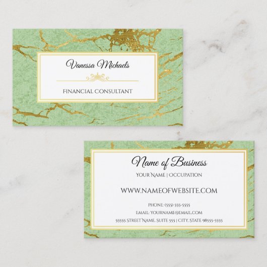 Elegante Zacht Groen en Faux Goud Marmeren Account Visitekaartje (Voorkant / Achterkant)