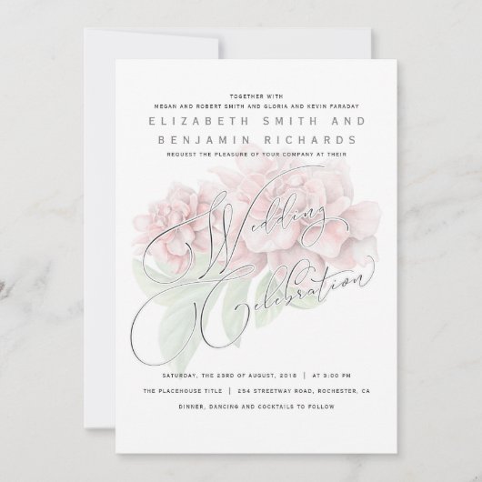 Elegante Zacht Roze Pioenbloem Typografie Huwelijk Kaart (Voorkant)