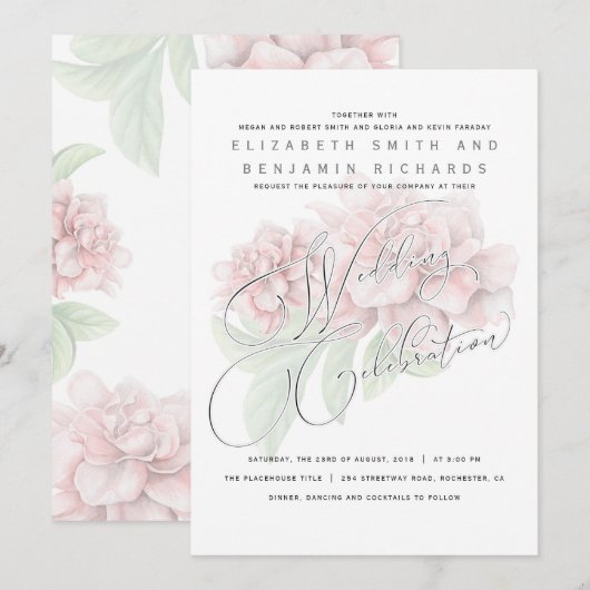 Elegante Zacht Roze Pioenbloem Typografie Huwelijk Kaart (Voorkant / Achterkant)