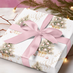 Elegante Zacht Roze Waterverf Vrolijke Kerstboom Cadeaupapier