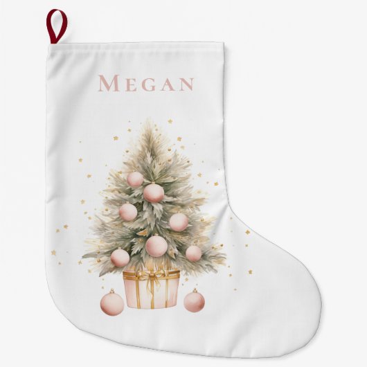 Elegante Zacht Roze Waterverf Vrolijke Kerstboom Grote Kerstsok (Voorkant)