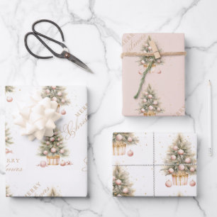 Elegante Zacht Roze Waterverf Vrolijke Kerstboom Inpakpapier Vel