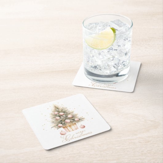 Elegante Zacht Roze Waterverf Vrolijke Kerstboom Kartonnen Onderzetters (Insitu)