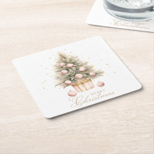 Elegante Zacht Roze Waterverf Vrolijke Kerstboom Kartonnen Onderzetters (Schuin)