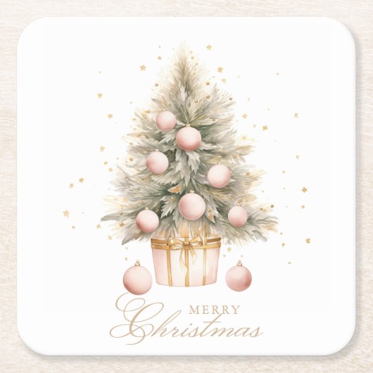 Elegante Zacht Roze Waterverf Vrolijke Kerstboom Kartonnen Onderzetters (Voorkant)
