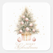 Elegante Zacht Roze Waterverf Vrolijke Kerstboom Vierkante Sticker (Voorkant)