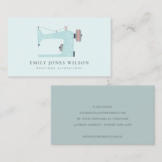 ELEGANTE ZACHTE AQUA BLUE PINK SEWWING MACHINE TAI VISITEKAARTJE (Voorkant / Achterkant)