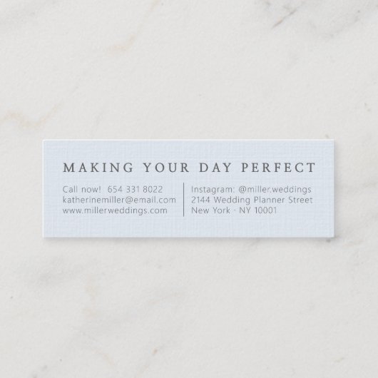 Elegante zachte blauwe linnen minimale bruiloft pl mini visitekaartje (Achterkant)