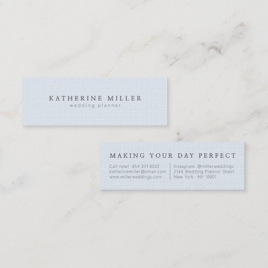 Elegante zachte blauwe linnen minimale bruiloft pl mini visitekaartje (Voorkant / Achterkant)