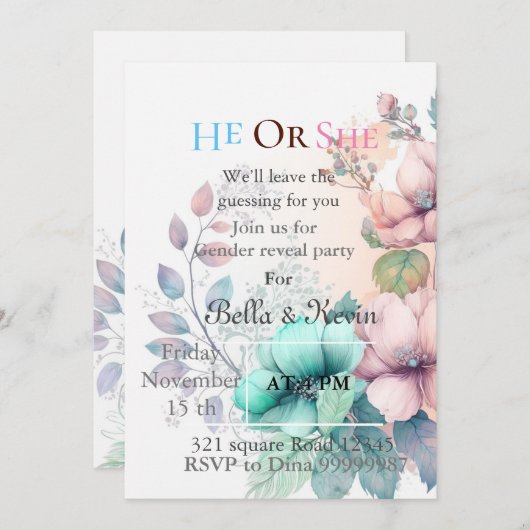 Elegante zachte bloemige geslacht onthulling uitno kaart (Voorkant / Achterkant)
