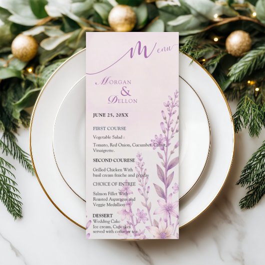 Elegante zachte blos lavendel bloemige bruiloft  menu