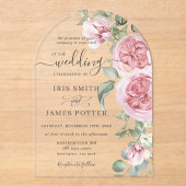 Elegante zachte blos roze bloemengroen bruiloft acryl uitnodigingen (Voorkant)