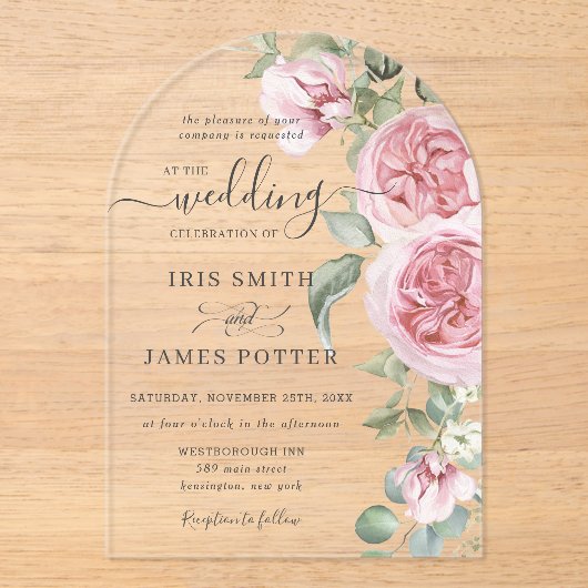 Elegante zachte blos roze bloemengroen bruiloft acryl uitnodigingen (Voorkant)