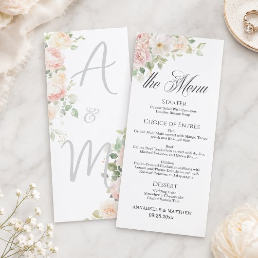 Elegante zachte blosende rozen 4x9'' trouwmenu menu